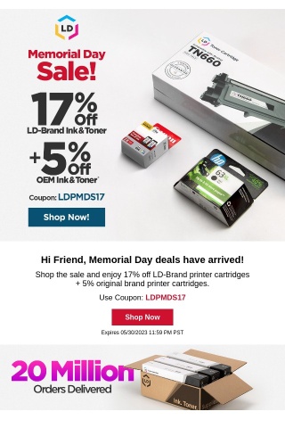 Memorial Day Sale 🇺🇸 17% Off Compatible Ink, 5% Off Original Printer Cartridges