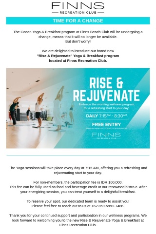 Rise & Rejuvenate Yoga & Breakfast at Finns Recreation Club