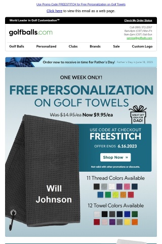 Free Personalization on Golf Towels from $9.95! Perfect Father's Day Gift, Choose from 12 Colors & Multiple Styles