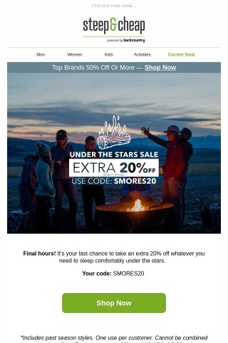 Ends today! Extra 20% off select camp styles