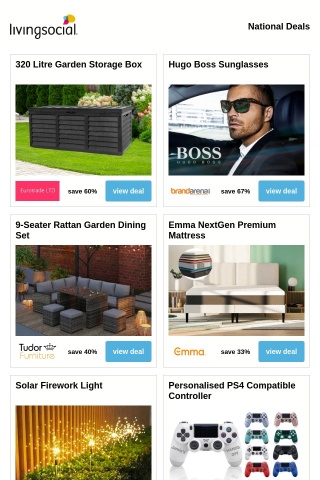 320 Litre Garden Storage Box | Hugo Boss Sunglasses | 9-Seater Rattan Garden Dining Set | Emma NextGen Premium Mattress | Solar Firework Light