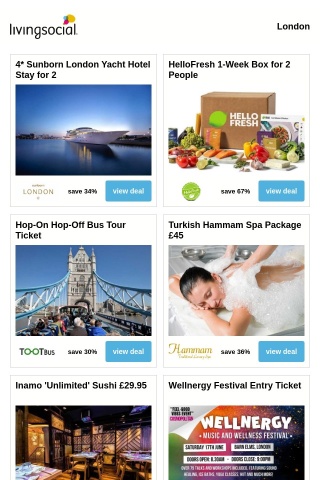 4* Sunborn London Yacht Hotel Stay for 2 | HelloFresh 1-Week Box for 2 People | Hop-On Hop-Off Bus Tour Ticket | Turkish Hammam Spa Package £45 | Inamo 'Unlimited' Sushi £29.95