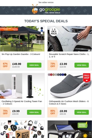 Pop-Up XL Gazebo ONLY £49 | 3-Speed Oscillating Tower Fan £9.99 | Scratch Repair Nano Cloths NOW £3.99 | Orthopaedic AirCushion Sliders £8.99 | Bug Zapper Lamp £9.99