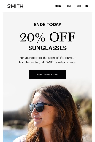Final day: 20% off all sunglasses