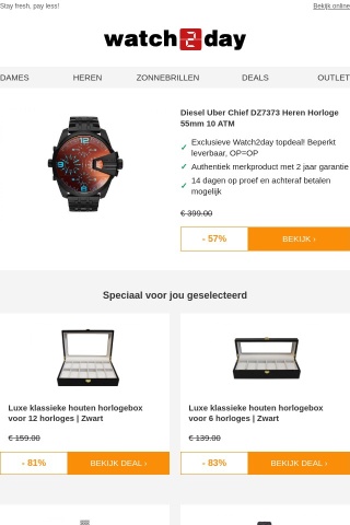 ⏰ De tijd tikt! Ontdek deals als Diesel Uber Chief DZ7373 Heren Horloge 55mm 10 ATM (57% voordeel) | Watch2Day | Watch2Day