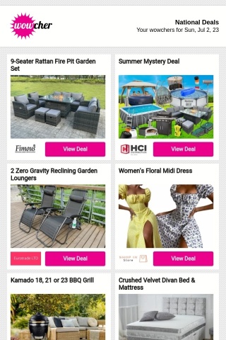 9-Seater Rattan Garden Furniture Set w/Fire Pit & Reclining Chairs | Summer Mystery Deal - Rattan, Lay-Z Spa, Speakers & More | Set of 2 Zero Gravity Reclining Chairs with Cup Holder | Women’s Floral Midi Dress  | Kamado BBQ Grill - 18", 21" or 23"