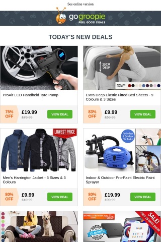 ✅ Tyre Air Compressor Pump £19.99 | Harrington Jacket £9.99 | Electric Paint Sprayer £19.99 | Electric Weed Sweeper £39.99 | Deep Fitted Bed Sheets £9.99 | Quilted Sofa Cover £9.99