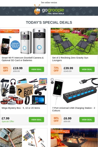 3in1 Wireless Video Doorbell REDUCED TO CLEAR £19.99! | 2 x Zero Gravity Loungers £39 | Portable Air Cooler £12.99 | 11ft Telescopic Window Cleaner £9.99 | Garden Fountain Pond