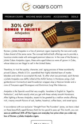 Straight From The Founders: 30% off Romeo y Julieta Anejados