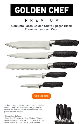 Facas Golden Chefe 6 peças Black Premium Inox com Cepo. Veja mais...