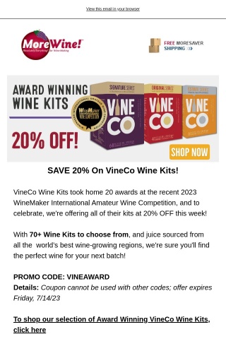 20% OFF Award Winning VineCo Wine Kits!