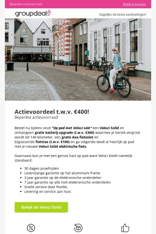Nu tijdelijk gratis batterij-upgrade, fietstas en slot bij aankoop van Veloci Solid t.w.v. €400 🚲