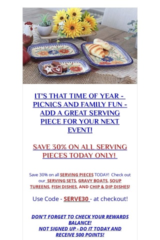 TIME FOR SUMMER PICNICS!  SAVE 30% ON ALL SERVING ITEMS TODAY!