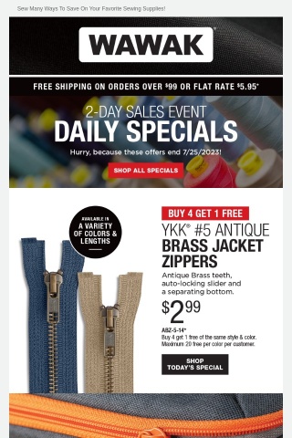 2-Day SALES EVENT! Buy 4 Get 1 Free - YKK® #5 Antique Brass Jacket Zippers & More!