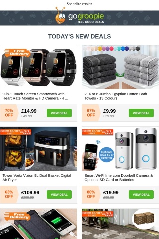 🤯 FREE DELIVERY 9-in-1 Smartwatch | XL Egyptian Cotton Bath Towels £9.99 | Anti-Slip Calf Support Sandals £9.99 | Tower Air Fryer | FREE DELIVERY Solar Power Bank