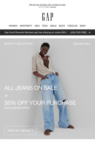 FIFTY PERCENT OFF is calling your name & ALL jeans on sale