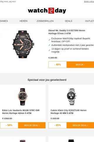 ⏰ Clock is ticking! Ontdek deals als Diesel Mr. Daddy 2.0 DZ7350 Heren Horloge 57mm 3 ATM (48% voordeel) | Edox | Calvin Klein