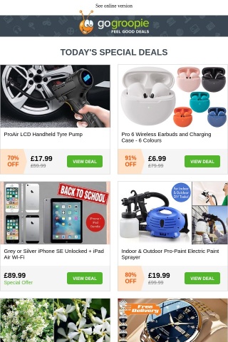 LCD Handheld Tyre Pump NOW £17.99! | iPhone SE Unlocked + iPad Air £89.99 | 3 Hard Shell Suitcases £59.99 | FREE DELIVERY Watch | Big Brands Mystery £9.99