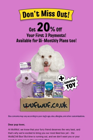 🚨Don't Miss Out! Get 20% Off Your First 3 Payments! Available for Bi-Monthly Plans too! 🐶