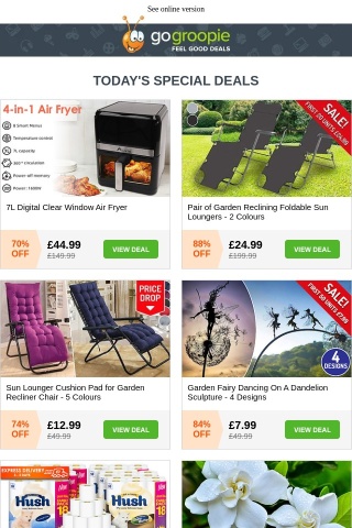 🔴 7L Clear Window Air Fryer £44.99 | 2 Reclining Loungers NOW £24.99 | Sun Lounger Cushion £14.99 | Dancing Garden Fairy £7.99 | 3 Hard Shell Suitcases £49 | Portable Coffee Machine 🔴
