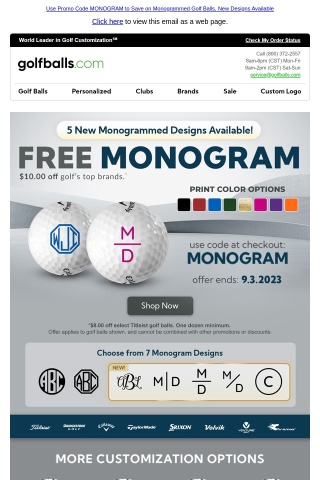 New Monogram Designs! Choose from 7 Options, Printed FREE on Top Brands + $8 Off Titleist Monogrammed Balls