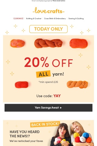 20% OFF ALL YARNS - TODAY ONLY 🤩