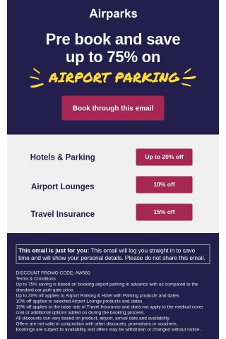 Airport Parking: Pre-book and save up to 75% through this email