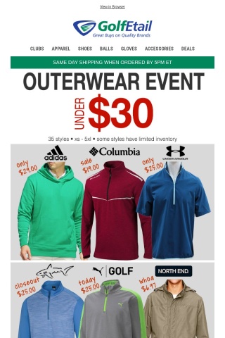 Under $30!!️ Sweaters • Vests • Sweatshirts • Windshirts • Save on Adidas, UA, PUMA, Columbia & more...