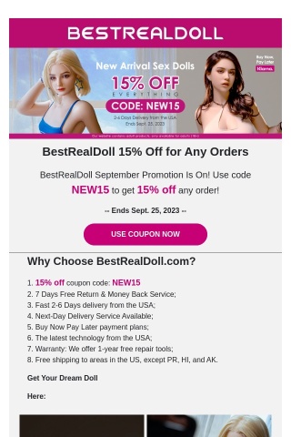 [Notice] BestRealDoll 15% Off for Any Order