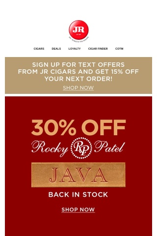 Back in Stock! Stock up with Rocky Patel Java and Save 30%