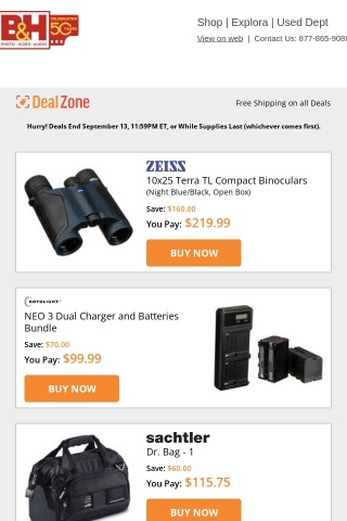 Today's Deals: Zeiss 10x25 Terra TL Compact Binoculars, Rotolight NEO 3 Dual Charger & Batteries Bundle, Sachtler Dr. Bag and Magnus TinyGrip Flexible Tripod