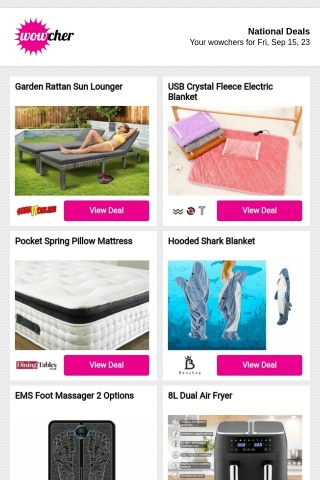 Garden Rattan Adjustable Sun Lounger - Buy 1 or 2! | USB Crystal Fleece Electric Heated Blanket- Four Colours | Organic 3000 Orthopaedic Pocket Sprung Pillow Top Mattress | Hooded Shark Blanket - 3 Sizes - Blue or Grey! | EMS Foot Massager – 2 Charging Options!