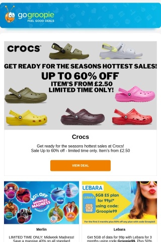 👣 Up to 60% off Crocs | iPhone 15 fr £799 | 99p Lebara 5GB SIM Only
