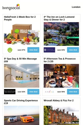 HelloFresh 1-Week Box for 2 People | 4* The Inn on Loch Lomond Stay & Dinner for 2 | 5* Spa Day & 50 Min Massage £69 | 5* Afternoon Tea & Prosecco for 2 £35 | Sports Car Driving Experience £19
