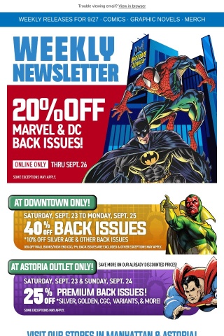 20% Off Marvel & DC Back Issues, Batman Catwoman The Gotham War Red Hood #1,  Micronauts #1, Power Girl #1, Fall of X, new Spidey issues & more!