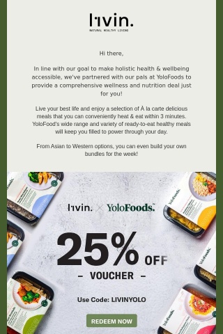 Save 25% off your next meal plan with l1vin & YoloFoods!