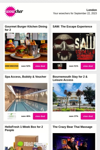 Gourmet Burger Kitchen Dining for 2 | SAW: The Escape Experience | Spa Access, Bubbly & Voucher | Bournemouth Stay for 2 & Leisure Access | HelloFresh 1-Week Box for 2 People