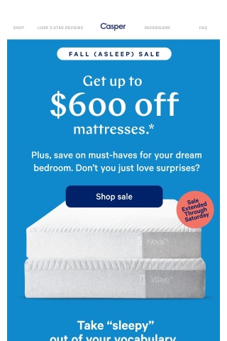 Surprise Extension: Up to $600 off mattresses
