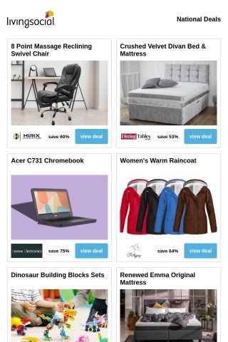 8 Point Massage Reclining Swivel Chair | Crushed Velvet Divan Bed & Mattress | Acer C731 Chromebook  | Women's Warm Raincoat | Dinosaur Building Blocks Sets