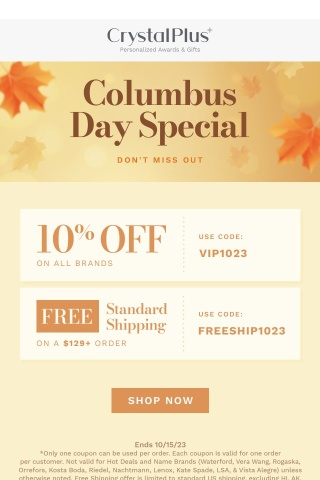 Don't Miss out! Columbus Day Sale on Personalized Awards and Gifts!