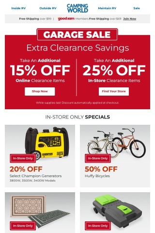 Garage sale savings! Extra 15% off online clearance