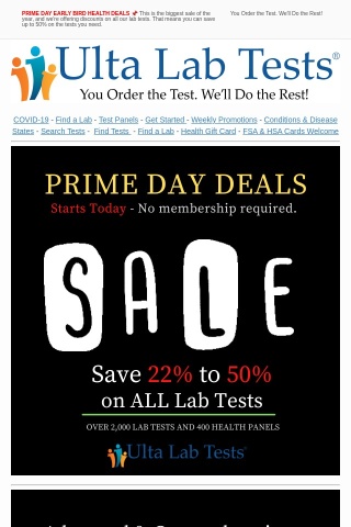 📌 PRIME DAY EARLY BIRD HEALTH DEALS - Starts Today - Save up to 50% on ALL lab Tests.