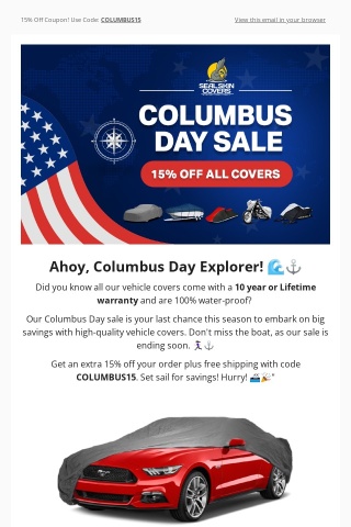 🇺🇸 Columbus Day Sale - 15% Off Instantly!