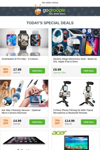 ONLY £7.99! i8 Pro Smartwatch | Apple, Beats & More Mystery Deal | 5pc Tripod Kit £14.99 | Dell, Acer or Lenovo Chromebook Bundle | Pocket Printer £5.99