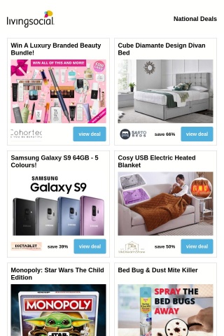 Win A Luxury Branded Beauty Bundle! | Cube Diamante Design Divan Bed | Samsung Galaxy S9 64GB - 5 Colours! | Cosy USB Electric Heated Blanket | Monopoly: Star Wars The Child Edition