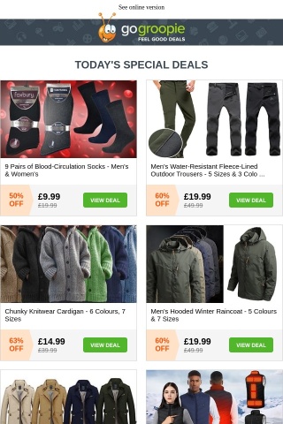 NOW £9.99! 9pk Blood-Circulation Socks | Hooded Winter Raincoat £19.99 | Chunky Knit Cardigan £14.99 | Heated Blanket + Timer | Thermal Set | USB Gilet £12.99