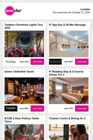 Tootbus Christmas Lights Tour 2023 | 5* Spa Day & 50 Min Massage | Inamo 'Unlimited' Sushi | 4* Reading Stay & 2-Course Dinner For 2 | BYOB 2 Hour Pottery Taster Class
