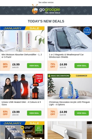 NOW £6.99! Moisture Absorber Dehumidifier | Heated Gilet NOW £9.99 | XL Windscreen Frost Shield £4.99 | 4pk Hotel Pillows £9.99 | LCD Display Exercise Bike £89