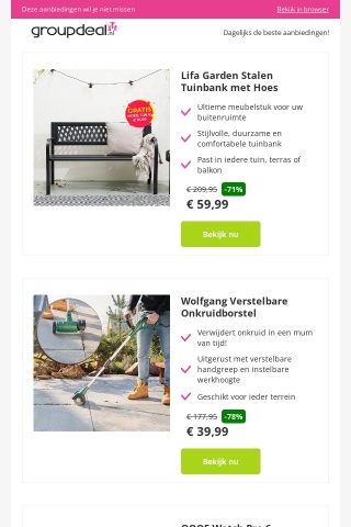 Lifa Garden Stalen Tuinbank met Hoes vanaf 59,99 | Wolfgang Verstelbare Onkruidborstel vanaf 39,99 | OOQE Watch Pro 6 vanaf 39,99
