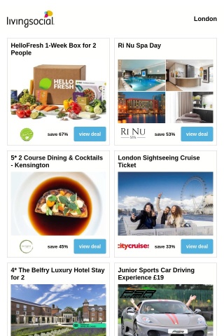 HelloFresh 1-Week Box for 2 People | Ri Nu Spa Day | 5* 2 Course Dining & Cocktails - Kensington | London Sightseeing Cruise Ticket | 4* The Belfry Luxury Hotel Stay for 2
